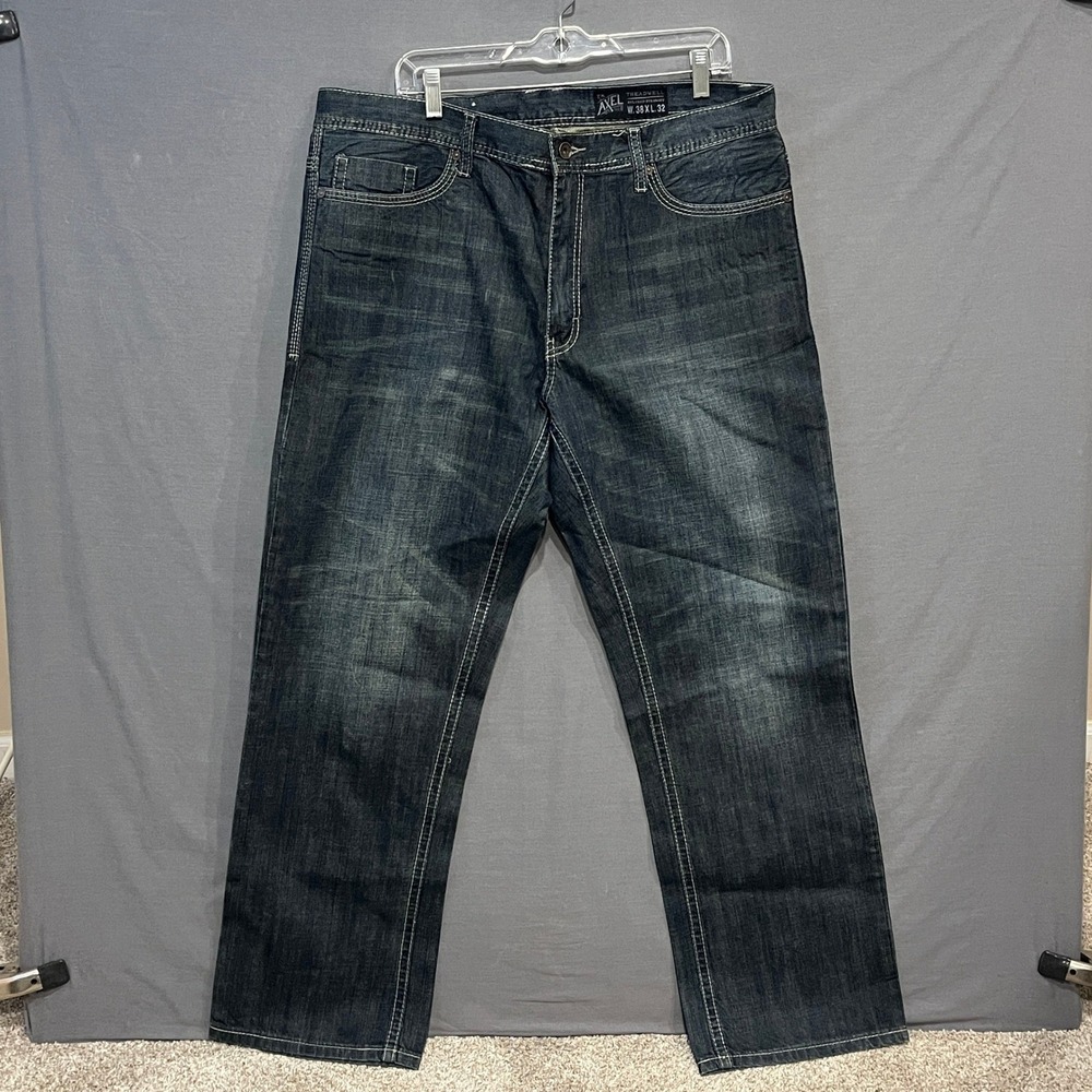 Axel Treadwell Jeans Mens 38x32 Blue Dark Wash‎ Relaxed Straight Contrast Stitch